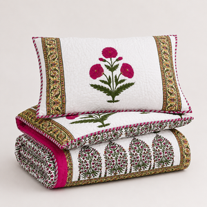 Floral Quilt <b>Set</b> 3 Pcs Hand Block Printed Cotton Reversible <b>Bedspread</b> With Pillow Covers Indian Design All Season Home Use - Product Image 2