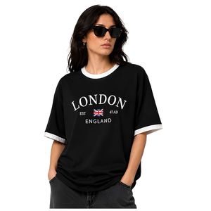 <b>London</b> England Print Women's Loose Fit Crew Neck <b>T</b>-<b>Shirt</b> Black White Trim Casual Style 100% Cotton Jersey Short Sleeve - Product Image 1