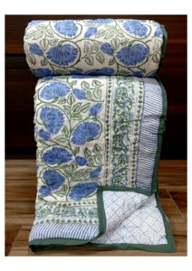 Hand Block Printed Cotton <b>Quilt</b> Double <b>Bed</b> Traditional Floral Design Handmade All Season Home Use - Product Image 1