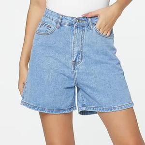 Shorts de mezclilla tejida para mujer, de corte relajado informal, tiro bajo, pierna recta, largo medio, fruncidos, estilo sencillo, color liso, para verano - Product Image 1
