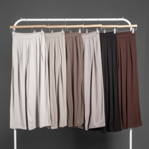Pantalon large taille haute élastique pour femme grande taille, couleur unie, style minimaliste d'été - Product Image 1