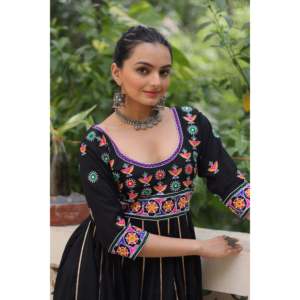 Navratri Roman Multicolored Embroidered Satin Evening Gown - Product Image 2