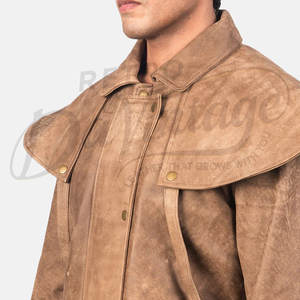 Manteau long en daim marron pour homme, style classique, avec cape aux épaules, style western, en daim et cuir, pour l'hiver - Product Image 6
