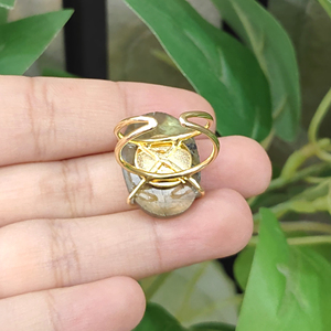 <b>Labradorite</b> Oval Shape Gemstone Brass <b>Ring</b> 18k Gold Plated Double Band Adjustable <b>Ring</b> Bohemian Style for Unisex Fashion Jewelry - Product Image 6