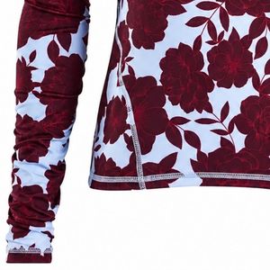 Kaos Golf Wanita Lengan Panjang Kerah Setengah Resleting Burgundy Sublimasi, Atasan Olahraga Bermotif Bunga untuk Latihan Luar Ruangan - Product Image 3