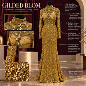 Gold Floral <b>Sequin</b> Mermaid Gown with High Neck and Sheer Sleeves | Floor Length Formal Dress with Beaded Bodice and Flared Hem - Product Image 5