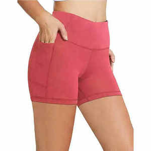 Shorts Deportivos de Cintura Alta en Color Oscuro Sólido con Bolsillos, Tejido de Spandex y Poliéster Transpirable, Cintura Elástica, Shorts para Mujer - Product Image 1