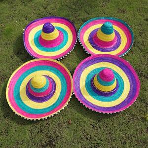 Sombrero Mexicano de Paja Natural Hecho a Mano, Rayado en Amarillo, Rosa, Azul y Morado, para Fiestas en la Playa, Unisex para Adultos - Product Image 2