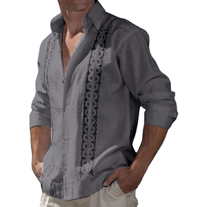 Chemise décontractée pour homme en coton blanc brodé, manches longues, col rabattu, broderie à la main, chemise en popeline respirante pour l'été - Product Image 5