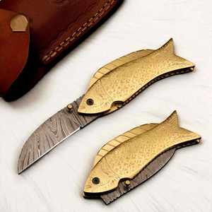 Handmade Damascus Steel Folding <b>Knife</b> with Engraved Brass <b>Fish</b> Handle Free Leather Sheath, Folding <b>Knife</b>, Pocket <b>Knife</b> - Product Image 3