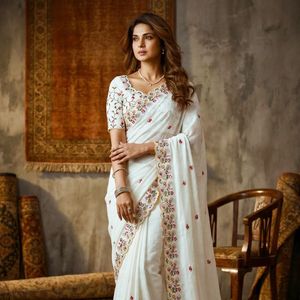 Sari en soie premium avec broderie Butta, bordure ajourée et chemisier en soie Banglory brodé - Product Image 2