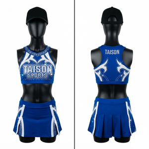 Uniforme de cheerleading haut de gamme 100% polyester 240 GSM bleu royal avec panneau blanc, strass, logo personnalisé, anti-UV, respirant, court - Product Image 1