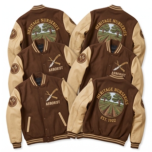 Blouson universitaire vert olive en laine avec manches en cuir crème, motif traditionnel horticole de pommier espalier de jardin mural - Product Image 5
