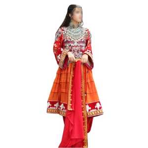 Vestido Tradicional Afgano Kuchi Rojo con Bordado Tribal Multicolor Hecho a Mano y Trabajo con Espejos, Estilo Imperio, Corte A, Maxi - Product Image 1