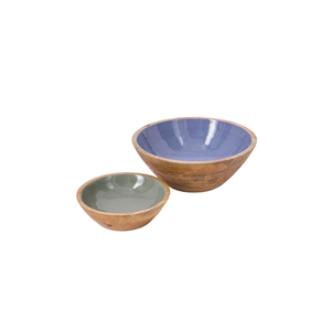 Ensemble de saladiers en bois de manguier avec intérieur décoratif imprimé en émail bleu, bols de service ronds en bois pour la maison et la restauration - Product Image 6