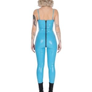 Women's Customized Color Lace Vintage PU Coated Long Sleeves <b>Jumpsuit</b> High Waist Skinny Full Length Spaghetti Strap Clubwear - Product Image 3