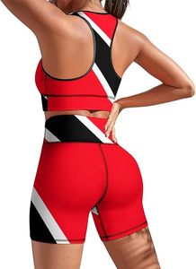 Ensemble de sport 2 pièces pour femme, imprimé rouge, noir et blanc, respirant, tricoté, short de sport et haut court, style sportif printemps-été - Product Image 4