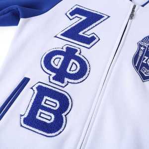 Zeta Phi Beta <b>White</b> Varsity Fleece <b>Jacket</b> Chenille Letter Embroidered Greek Women Bomber Ribbed Cuff Premium Custom Apparel - Product Image 4