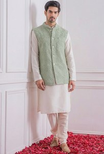 <b>Men's</b> Embroidered <b>Kurta</b> Pajama Set With Nehru Jacket Formal Indian Wedding Party Outfit - Product Image 1