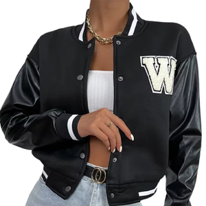 Veste de sport personnalisée à col en V pour femme, veste de sport avec manches en cuir, de haute qualité et en taille plus, manteau imprimé pour fille - Product Image 3