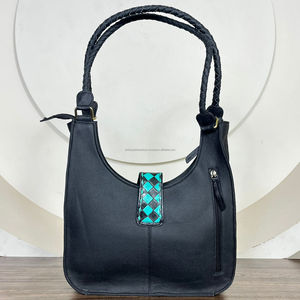 Sac à main en cuir de vachette artisanal occidental personnalisé, turquoise et noir à carreaux, sac à bandoulière pour femme, sac fourre-tout tendance avec pompon - Product Image 5