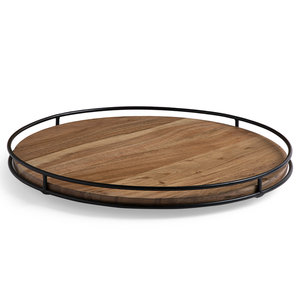 Circular Wood Ottoman Tray <b>Matte</b> Black Iron Wire Rim Coffee <b>Table</b> Decorative Tray - Product Image 1