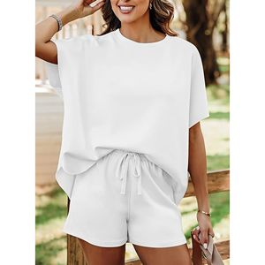 Set da Donna 2 Pezzi: Top Oversize a Girocollo Manica Corta e Pantaloncini con Coulisse, Pigiama Morbido Bianco Taglia Media - Product Image 1