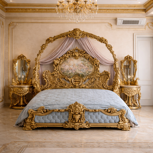 Lit en bois massif royal avec finition métallique dorée, meubles de chambre à coucher de style palais, ensemble de lit king size de luxe, lit en bois sculpté Atlanta - Product Image 6