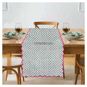 Elegant Indian Hand Block Floral Print Cotton Embroidery Edge <b>Table</b> <b>Runner</b> Beautiful Flower Print For Outdoor Parties <b>Weddings</b> - Product Image 1