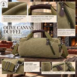 Olive Khaki <b>Canvas</b> Duffel Travel Bag with Padded Handles | Barrel Weekender <b>Holdall</b> with Angled Front Zipper and Shoulder Strap - Product Image 5