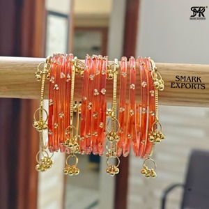 Stylish Handmade Orange Kashmiri Bangle Set with Ghungroo Traditional Ethnic Gold Plated 16-Piece Jewelry for Women - Product Image 4