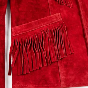 Unisex Red Real Suede <b>Fringe</b> Leather Winter <b>Jacket</b> Western Cowboy Button Front Custom Logo Design Vintage Fashion Outerwear - Product Image 4