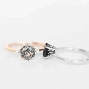 Natural Black Rutilated Quartz Hexagon Ring 925 Sterling Silver 14k <b>Gold</b> Plated Wedding Anniversary Ring - Product Image 3