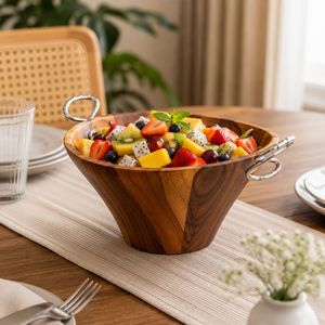 Ensemble de bols à salade en bois d'acacia faits à la main avec cuillères de service en bois, grand bol à fruits, décoration rustique pour la cuisine et la table à manger - Product Image 2