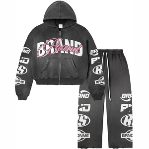 Private Label Trendy Acid Washed Unisex Tracksuit Winter Midweight Hooded 2 Piece Loose Fit Fashion Set Distressed Vintage Set - Product Image 1