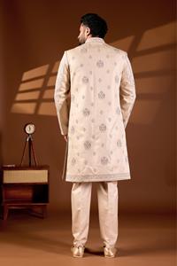 Veste Indowestern de Mariage de Luxe pour Homme, Style Sherwani, Broderie de Fils Pastel en Forme d'Arche de Pétales, Perles Fines et Micro-Paillettes Miroir, Tenue de Marié - Product Image 6