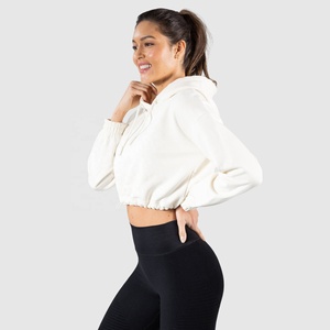 Custom Logo Crop Hoodie Women Solid Color Lantern Sleeve Cotton Knitted Casual Autumn White Full Sleeve Cinched Hem Hooded Tops - Product Image 3