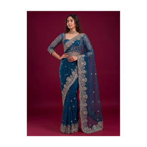 Sari indien de créateur avec broderie de sequins, tenue de soirée, style traditionnel pour mariage et réception, tenue festive de luxe - Product Image 1