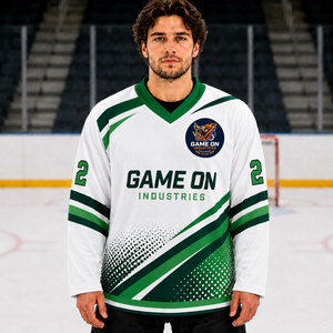 Maillot de hockey sur glace pour homme Game On Industries, blanc et vert, sublimé, manches longues, col en V, polyester respirant - Product Image 1