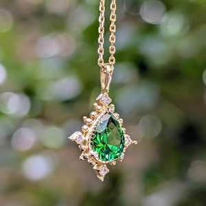 จี้รูปหยดน้ำมรกตโบราณพร้อมวงแหวนเงินแท้ 925 ชุบทอง 14K ของขวัญเครื่องประดับประจำเดือนพฤษภาคมสำหรับผู้หญิง - Product Image 6