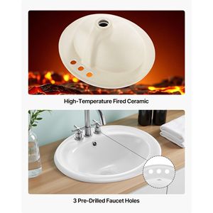 Lavabo Ovalado de Cerámica Blanca Moderno de 19.09 x 16.73 Pulgadas, Semiempotrado, con Orificio de Desagüe y 3 Orificios para Grifo, para Baños Pequeños - Product Image 6