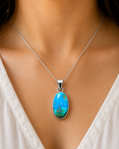 Colgante de Plata 925 con Piedra Preciosa Ovalada de Turquesa 100% Natural |   Cabujón de Turquesa Azul, Joyería de Regalo Bohemia para Niños |   Hecho a Mano - Product Image 4
