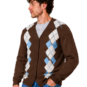 <b>Men</b> Brown Argyle V Neck <b>Cardigan</b> Knitted <b>Sweater</b> Diamond Pattern Button Front Long Sleeve Classic Casual Fit Knitwear Winter Top - Product Image 3