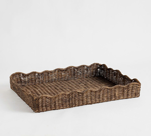<b>Rustic</b> Touch Functional And Stylish Featuring Raised Sides And Discreet Handles For A Sleek Look Rattan Scallop Serving Tray - Product Image 1