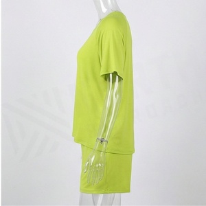 2 Piece High Quality Formal Solid Above Knee Home Wear Suit Short Sleeve T Shirt and Shorts <b>Twin</b> <b>Set</b> for Women - Product Image 3