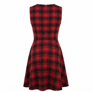 Vestido midi casual de verano transpirable a cuadros rojos y negros de manga corta con corte acampanado para mujer - Product Image 2
