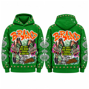 Sweat-shirt en polyester tricoté pour homme, vert, avec imprimé 'Money Pressure', style streetwear, coupe oversize, design à strass, hiver - Product Image 1