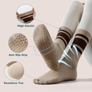 Custom Logo Grip <b>Socks</b> Crew <b>Socks</b> Striped <b>White</b> Brown Knitted for <b>Women</b> Non Slip Cotton Pilates Yoga Barre Workout Autumn - Product Image 2