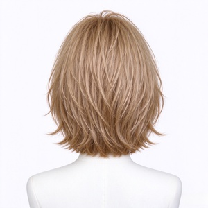 Peluca de Cabello Humano con Flequillo Fino, Estilo Bob Deshilachado en Capas con Reflejos Rubio Claro - Product Image 4
