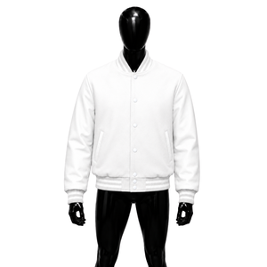 Blouson universitaire blanc personnalisé en gros, coupe droite, couleur unie, fermeture boutonnée, doublure polaire, style décontracté automne, coupe ample, en promotion - Product Image 1